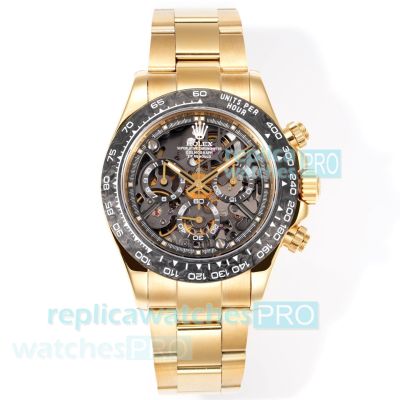 Super Clone Rolex Skeleton Dial Daytona Carbon Bezel Cal.4130 Yellow Gold Watch 